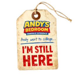 Andy’s Bedroom immersive experience luggage-tag artwork