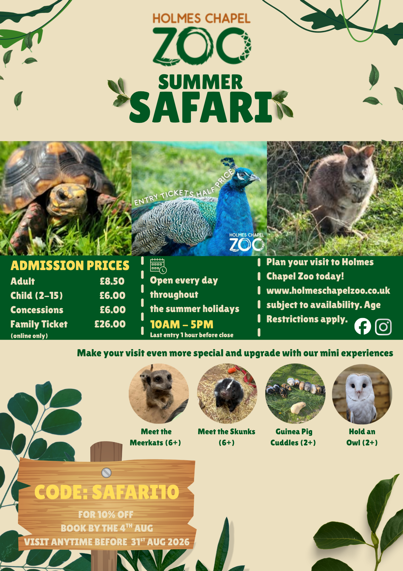 Summer Safari promotional poster featuring a skunk, visitor experiences and the Safari10 discount code